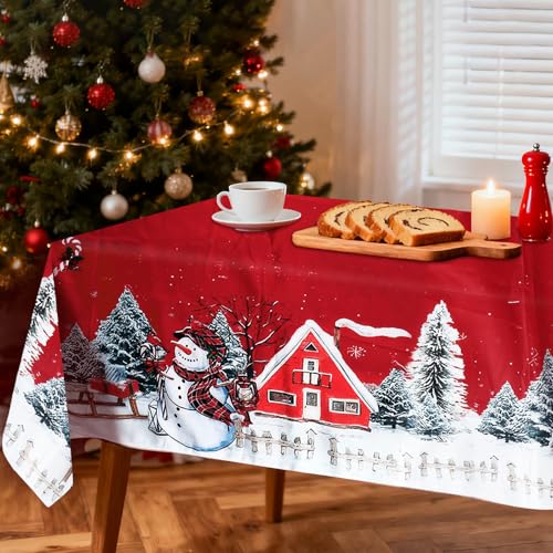 ZoneYan Mantel de Navidad Antimanchas, 140 x 180 cm Manteles Navideños Rectangular con Muñeco de Nieve y Árbol de Navidad, Mantel de Navidad Rojo, Decoración de Mesa de Fiesta