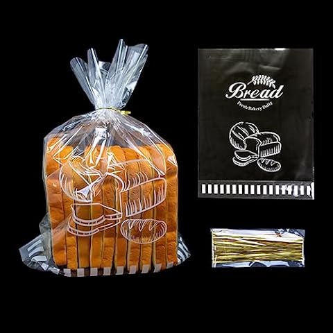 Lesibag 100Pcs 11"x 14" Bottom Gusset Bread Loaf Bags with Ties, Clear Printed Cello Cellophane Bags for Homemade Bread or Bakery Cover
