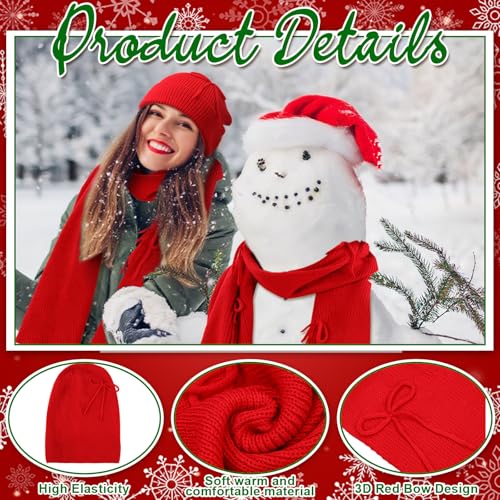 2 Pcs Red Bow Knitted Hat and Scarf Set for Women and Men Christmas Winter Soft Hat and Shawl Wraps Scarves Bow Thick Warm Suit Winter Accessories for Christmas Valentine's Day Gift3