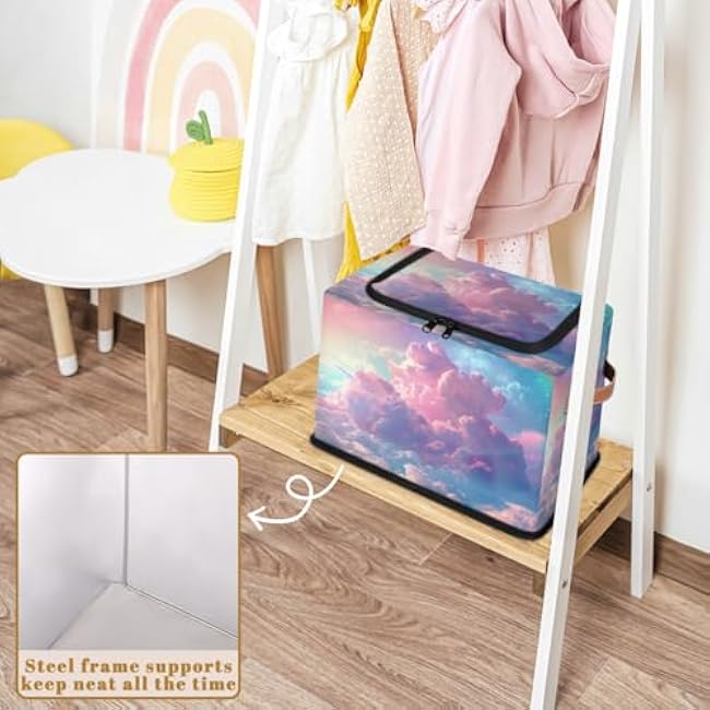 Storage Bins with Zippered Lids - Rainbow Cloud Foldable Organizer Basket with Sturdy Frame and Handles for Bedroom Laundry Organization Closet Shelf Nursery Toy Storage 1-Pack