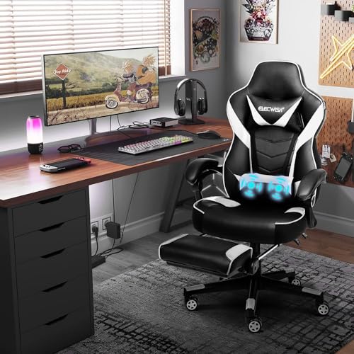 YU YUSING Sedia Gaming Massaggiante, Sedia Ergonomica da Ufficio, Altezza Regolabile, Sedia Ufficio con Supporto Lombare e Poggiatesta, Poltrona Gamer PC, PU con Poggiapiedi Retrattile, Bianco