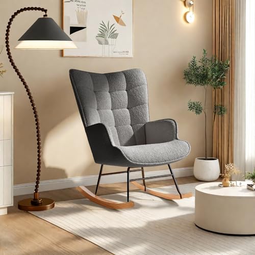 Yeutre Rocking Chair, Sillón de lactancia con respaldo alto, silla mecedora de tela Teddy para sala de estar, dormitorio, balcón (gris oscuro)