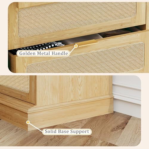 Image of HUAHUU 6 Drawer Dresser for Bedroom, 50 Inch Tall Dressers & Rattan Chest of Drawers, Boho Style, Wood Modern Dressers Organizer for Bedroom, Living Room, Hallway, Entryway, Oak