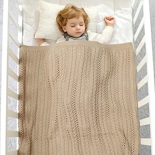 DovFanny Cellular Baby Blanket Cable Knitted Soft Cozy Newbron Baby Blanket for Boy and Girls Nursery 100 x 80cm Beige - Image 2