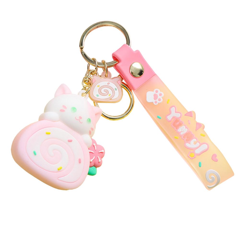 Kawaii Cat Keychain Cute Cartoon Keyring PVC Cake Roll Key Accessories Bag Pendant Anime Key Chain for Girl Couple Trinket Gift