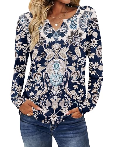 Image of Zeagoo Long Sleeve Shirts for Women Fall Tops Casual Dressy V Neck Blouses Boho Tunic Western Clothes Vacation Outfits