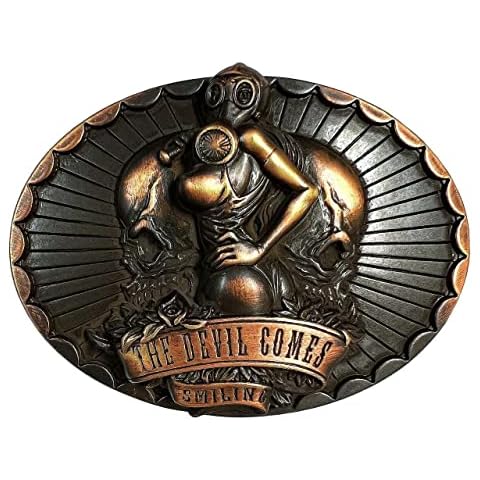 Western Unique Punk Biker Buckle Antique Engraved Belt Buckle fits 1-1/2"(38mm) Belt Strap, Devil Comes Smiling-copper, One size Cover