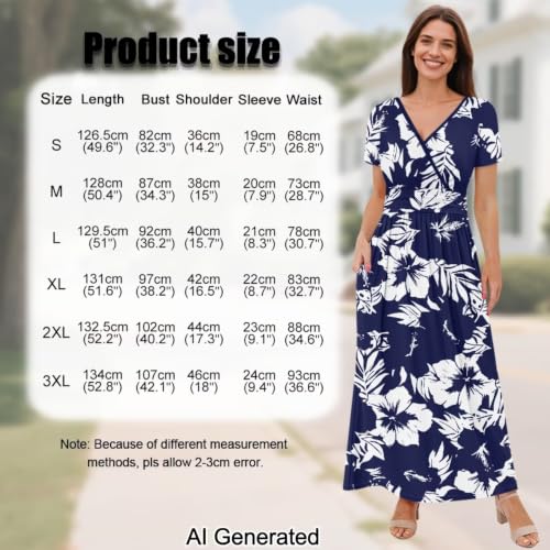 Image of Women's Fall Summer Short Sleeve Ankle Length V-Neck Party Dress with Pockets Size S-3XL