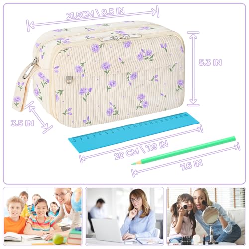 Image of WOBAGMEN Cute Pencil Case,Large Corduroy Zippered Pencil Case Pouch, aesthetic Pencil Bag with Compartments, Pencil Pouch School Supplies (HY-corduroy pc-purple floral)