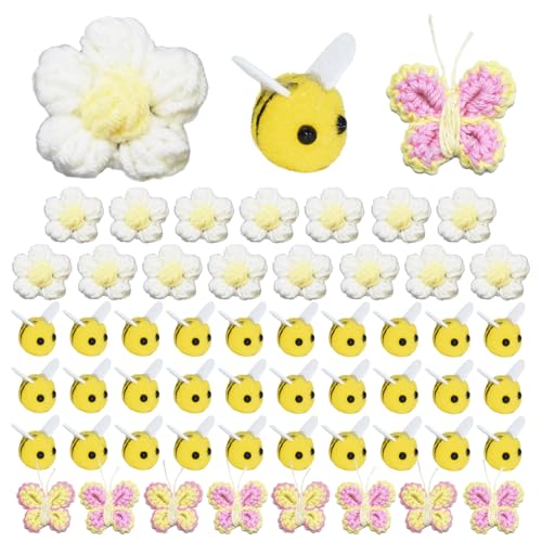 PXBSNB Set di 53 api decorative, 30 api in feltro, mini decorazioni in feltro con 15 fiori all'uncinetto e 8 farfalle, adorabile ape per fai da te, artigianato, fermagli per capelli e vestiti
