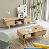 YOUGUO Coffee Table and TV Stand Set of 2, Boho TV Console Coffee Table Set with Sliding Doors, Entertainment Center Set for Living Room (Natural)