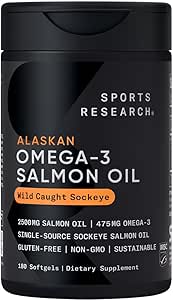 Sports Research® Salmon Oil - Single-Source Wild Alaskan Sockeye | 2500 mg per Serving w/EPA &amp; DHA Fatty Acids | MSC Certified - 180 Count Softgels