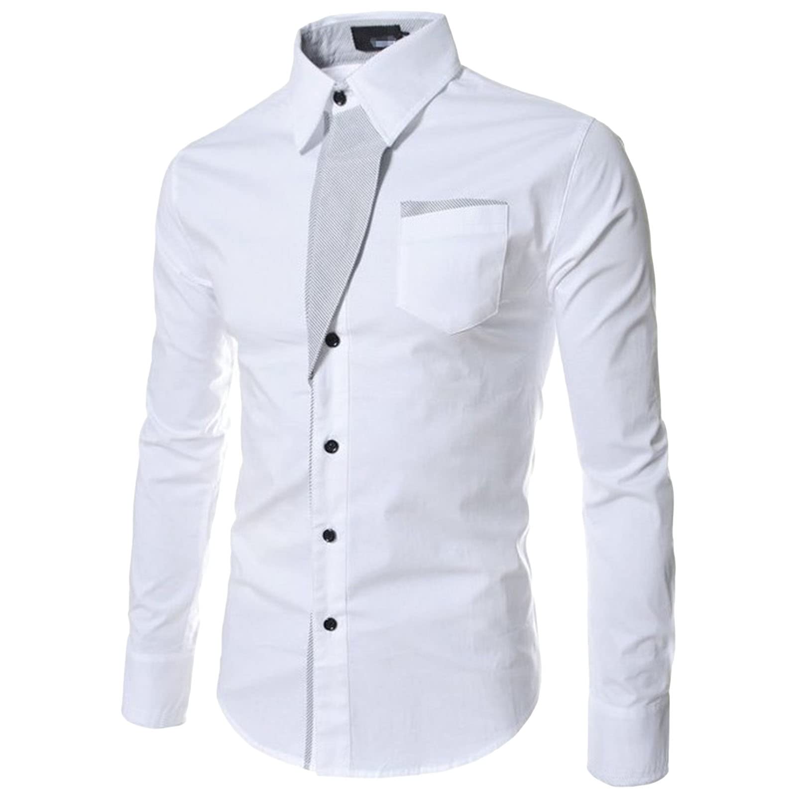 Mens Long Sleeve Stylish Dress Shirts Patchwork Casual Button Down Shirts Turn-Down Collar Shirt Top with Pockets (White,XX-Large)