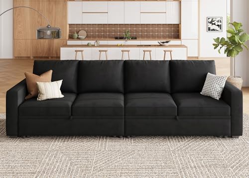 Image of HONBAY Modular Sectional Sleeper Sofa Bed, with Pull Out Bed, Linen Convertible Sectional Couches for Living Room - Black
