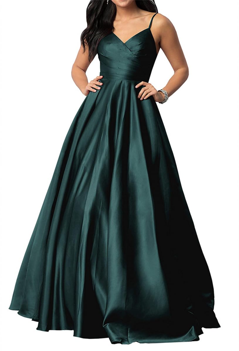 Sayno Women's Teal Spaghetti Straps Satin Prom Dresses With Pockets V Neck Pleated Formal Evening Ball Gowns Uk10