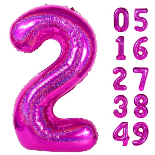 Image of Laser Hot Pink 2 Balloon, Number Balloons 40 Inch, 2nd Balloon Number Birthday Decorations, Second Two Birthday Party Supplies, Number 2 Balloon
