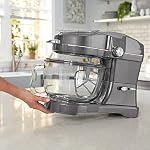 Mélangeur sur socle Kenmore Elite Ovation 5 Qt, moteur de 500 watts à 10 vitesses, couvercle révolutionnaire, tête inclinable, batteur, fouet, crochet pétrisseur, mélange planétaire, protection anti-éclaboussures à 360 degrés, bol en verre avec couvercle, gris