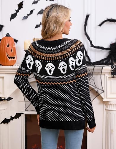 Image of Women's Fair Isle Sweaters Long Sleeve Crew Neck Loose Casual Halloween Pullover Sweater Black X-Large