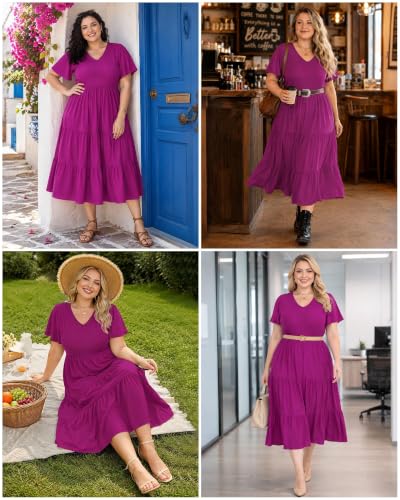 Image of Women's Plus Size Summer Dresses Floral Casual Tiered Midi Dresses V-Neck Short Sleeve Long Maxi Dress with Pockets