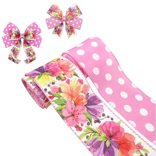 Spring Pink Floral Wired Ribbon 2Rolls Love Shack Fancy Decor White Dots and Colorful Flower Fabric Ribbon for Gift Wrapping Party Decor DIY Crafts Home Accents 2.5Inch X 10Yards (Pink)