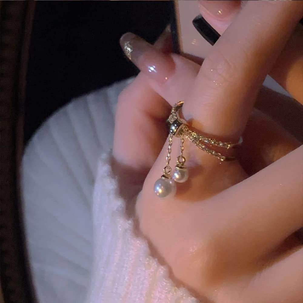 Anillo de cruz de perlas colgantes para mujer, circonita cúbica, ajustable, en capas, enhebrador, borla, anillos de compromiso chian, joyería delicada, regalos, Metal, Zirconia cúbica 5