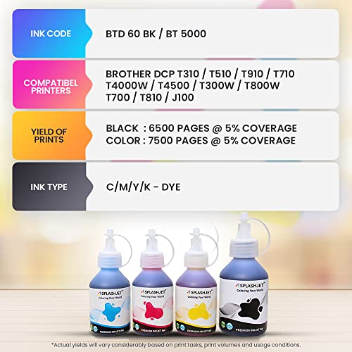 Image of Splashjet Compatible Refill Ink for Brother DCP T310, T300, T510, T500, T910, T710, T400W, T450W, T300W, T800W, T700, T810, J100 Printer - (105gm x 2 Black) Bottle - 502831