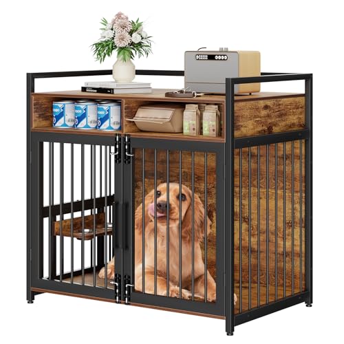 Hundekäfig Möbel, 123 x 76 x 110cm Hundebox Zuhause mit 2 Türen 2 Schubladen 1 Arbeitsplatte, Hundegitter mit Schwenkbaren Hundenäpfe, Hundehütte, Dekorative Haustierkiste für den Innenbereich
