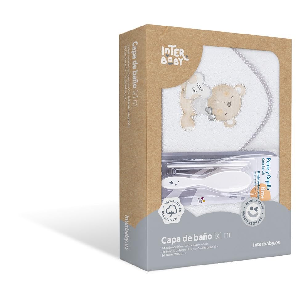 Interbaby P1177-18 Asciugamano con cappuccio per neonato LOVE YOU in bianco e grigio con Set de Spazzola e Pettine - 900 g