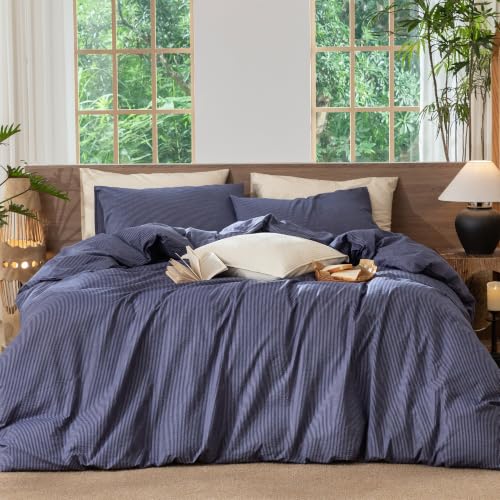 Image of MooMee Striped Duvet Cover Set 100% Washed Cotton Linen Like Queen | Relaxed Linen-like Texture. Soft, Breathable & Long-lasting Comfort. Lightweight. Hidden Zipper with 8 Interior Corner Ties