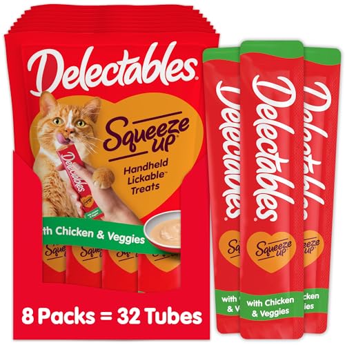 Delectables Squeeze Up Creamy Squeezable Puree, Lickable Wet Cat Treats, Grain Free, No Added Fillers, No By-Products, No Added Preservatives, 0.5 Ounces Chicken & Veggies, 32 Tubes Total