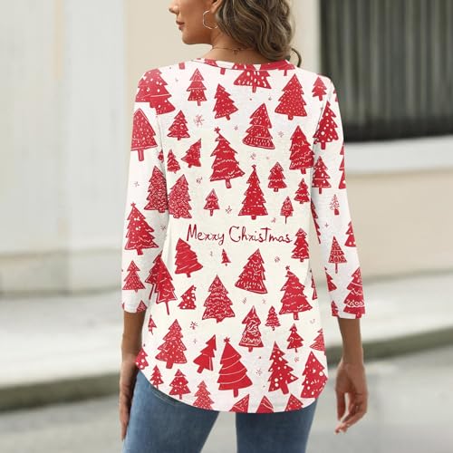 Image of Women Christmas Shirt 3 /4 Length Sleeve Henley Tops Xmas Outfits
