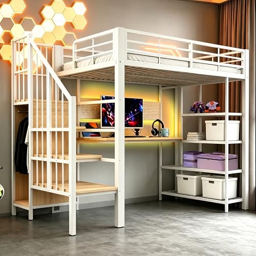 Cama alta de hierro, 90 x 200 cm, con escalera y espacio de almacenamiento de varios niveles, armario, escritorio, litera con LED y enchufes europeos, para niños, adolescentes y adultos, sin colchón