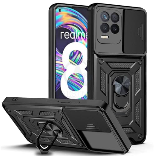 Image of AESTMO Tough Armor Realme 8 Pro / 8 4G Bumper Back Case Cover | Ring Holder & Sliding Camera Shield Cover | 360 Degree Protection Back Case Cover for Realme 8 Pro / 8 4G (Black)