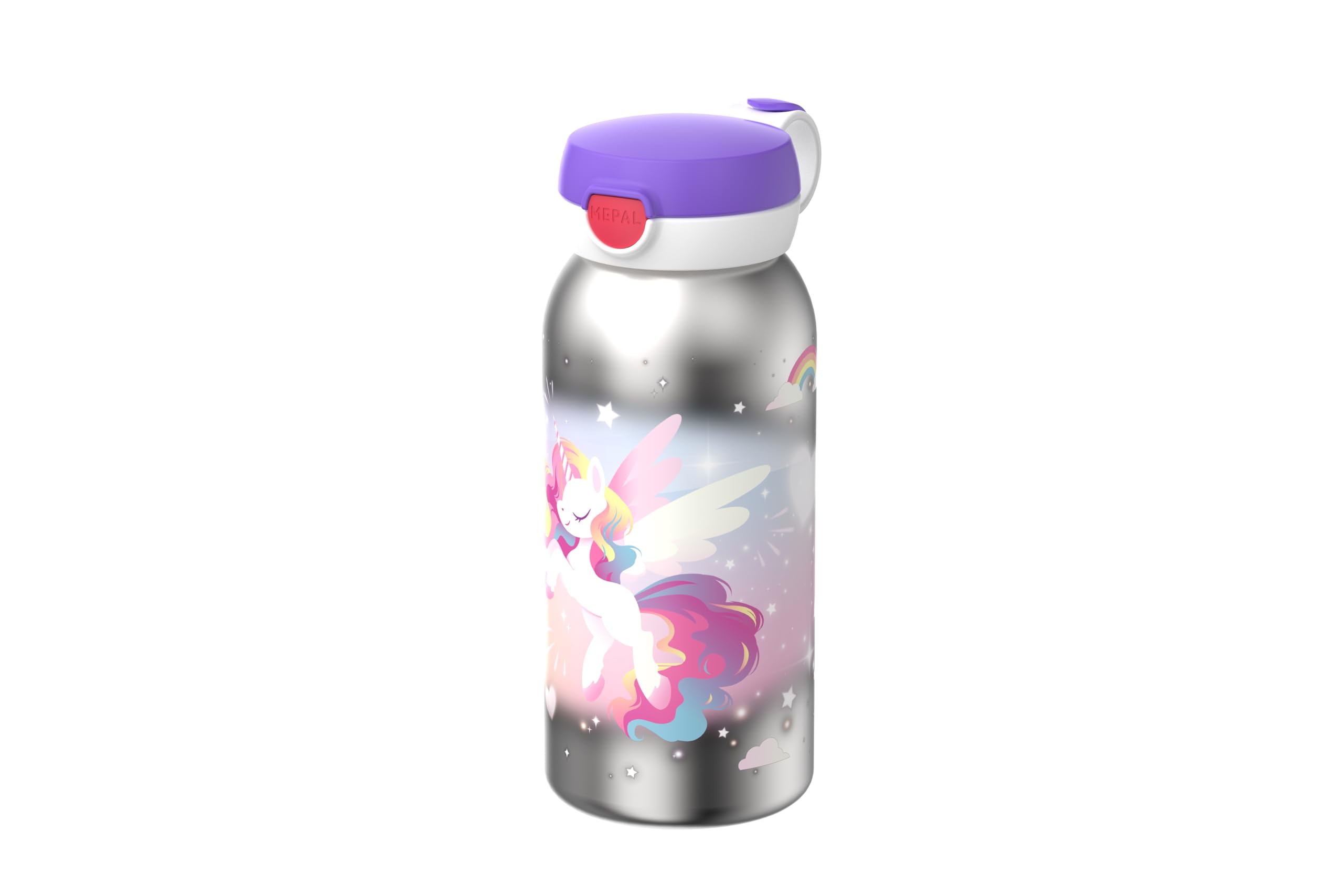Mepal Unicorn Glow Stainless Steel Drinking Bottle with Flip Lid Pops Open at the Touch of a Button Suitable for Children Carbonated Leak-Proof Hygienic Lid 600 ml