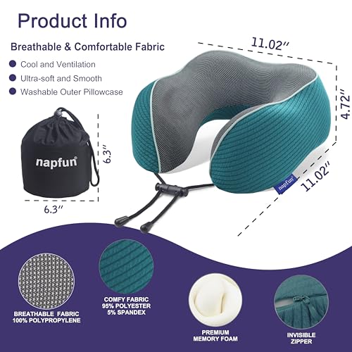 Image of napfun Neck Pillow for Traveling, Upgraded Travel Neck Pillow for Airplane 100% Pure Memory Foam Travel Pillow for Flight Headrest Sleep, Portable Plane Accessories, Teal