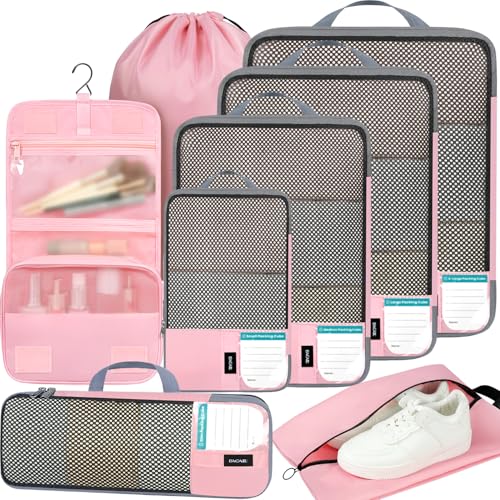 Image of BAGAIL 4 /6 Set /8 Set Compression Packing Cubes Travel Accessories Expandable Packing Organizers(HalfMesh, 8-Pink)