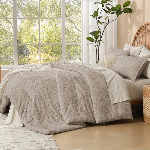 Image of Litanika Queen Size Comforter Set Light Coffee, 3 Piece Cream Boho Tufted Bedding, Fluffy Farmhouse Bed Set for All Season with 2 Leaf Pattern Pillowcases(90x90In)