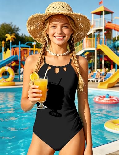 Image of KANGKANG Girls Swimsuit Quick Dry Cut Out One Piece Swimsuits with Tropical Print Cover Up Skirt Bathing Suit Swimwear 7-18Y