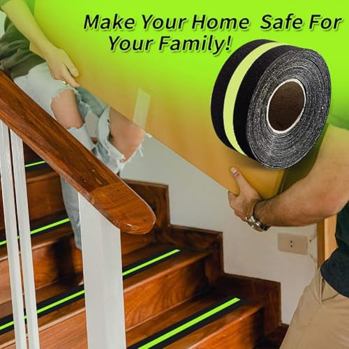 Image of Oudain 20Meter Anti Slip Tape with Glow in Dark Stripe for Stairs Waterproof Non Slip Strips for Stair Treads Black & Green Non-Slip Traction Tapes