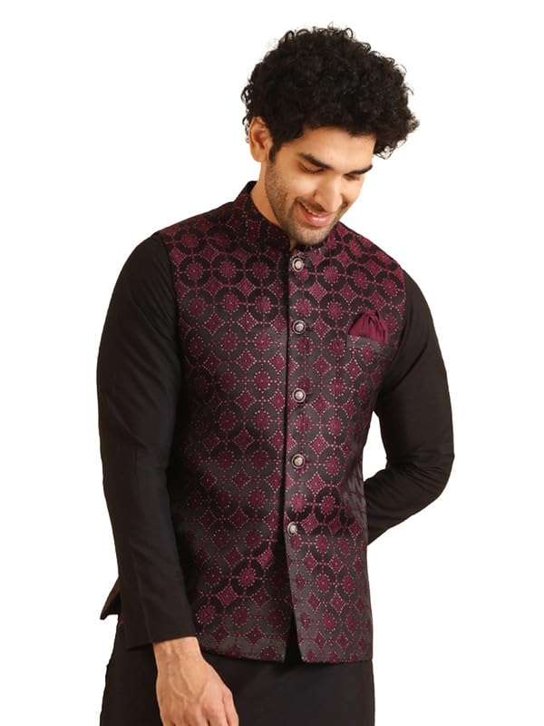 Men's Nehru Jacket, Burgundy Jacquard, Woven Design Regular Fit Mandarin Collar Sleeveless