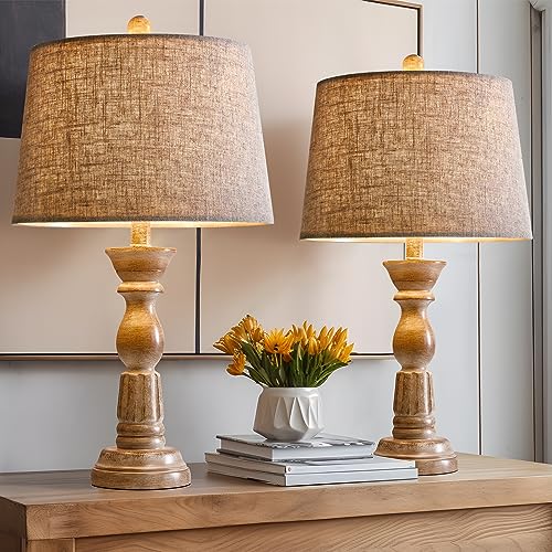 Oneach 23.5 Inches Rustic Farmhouse Table Lamps Set Of 2 For Living Room Bedside Lamps Vintage Bedroom Lamps For Study Kids Room Office White Washed #TOP13