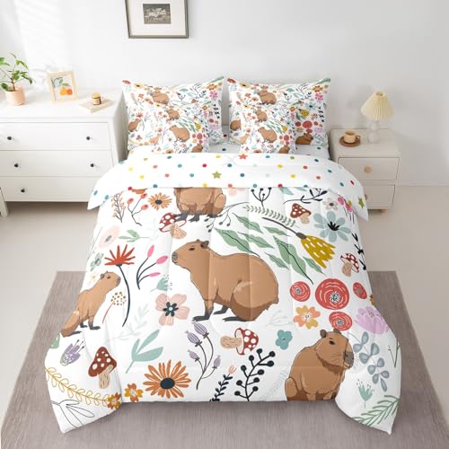 Erosebridal Cute Capybara Comforter Set 7 Piece Bed in a Bag Twin,Mushroom Floral Cartoon Animal Bedding Sets Watercolor Flowers Leaves Sheet Set with Comforter