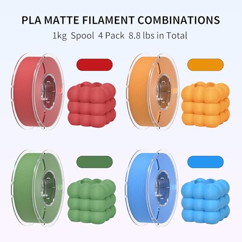 Image of RAMBERY Matte PLA 3D Printer Filament Bundle 4KG, Matte Smooth Finish PLA Filament 1.75mm, Individually Vacuum Packed, 1kg(2.2lb) X4PCS, Red /Orange /Matcha Green /Blue