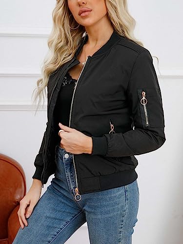 Women's Bomber Jacket Lightweight Varsity Zip Up Coat Casual Long Sleeve Windbreaker2