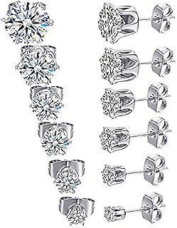 Silver Stud Earrings for Women,6 Pairs Cubic Zirconia Stud Earrings Set,Small Sleeper Cartilage Studs ,Size3/4/5/6/7/8mm