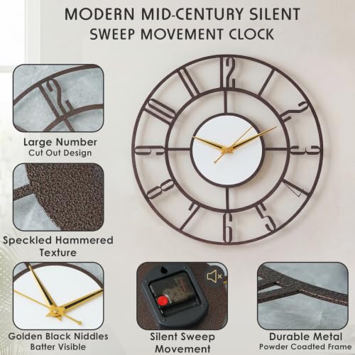 Image of Modern Mid-Century Metal Wall Clock for Living Room | Silent Sweep Movement | Large English Numeral Cut-Out Design | Gold & Black Needles | Powder-Coated Durable Frame | Antique Copper 18 Inch