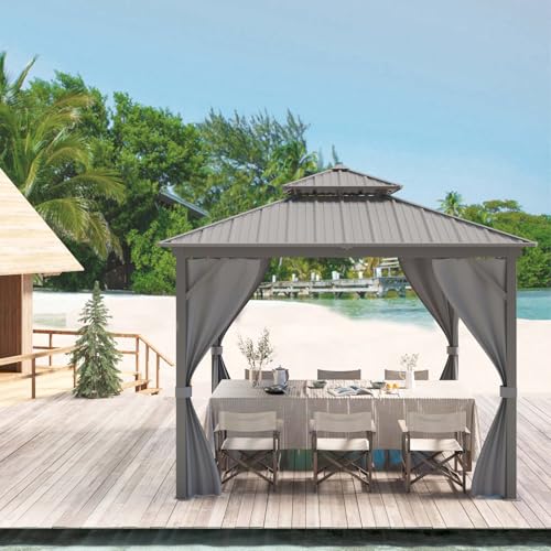12x12FT Gazebo Hardtop Double Roof Canopy with Netting and Curtains,Outdoor Gazebo 2-Tier Hardtop Galvanized Iron Aluminum Frame for Patio, Backyard, Deck, and Lawns