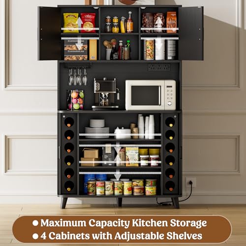 Image of Lulive 71 inch Tall Pantry Cabinet with Rolling & Sliding Doors, 39 inch Wide Kitchen Storage Cabinet with Charging Station and Open Countertop, Modern Kitchen Pantry Cabinet for Dining Room, Black