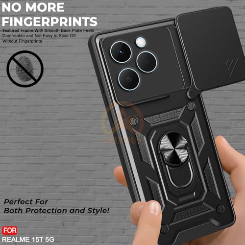 Image of Armor Bumper Back Cover Case for Realme 15T 5G Rotating Camera Cover, Ring Holder & Kickstand | Heavy Duty & 360 Degree Protection Realme 15T 5G Back Cover (Black)