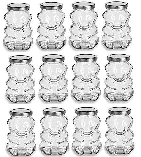 12 Pack 12 oz Glass Honey Bear Jar with Silver Lids for Jam, Wedding Favors, Shower Favors, DIY Magnetic Spice Jars - 9 Fl oz (12, Silver)